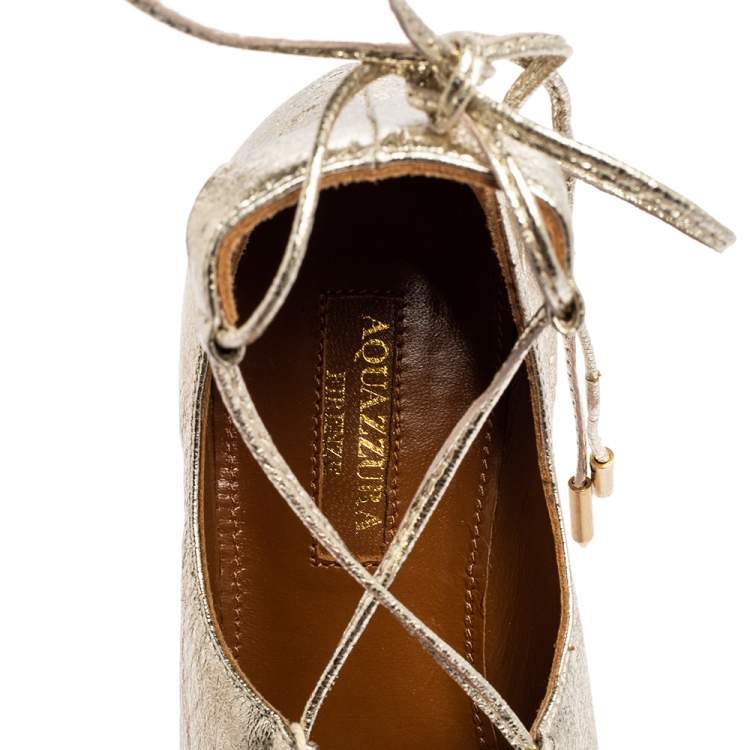 Pre Owned Aquazzura Gold Leather Christy Lace Up Pointed Toe Flats Size 35.5
