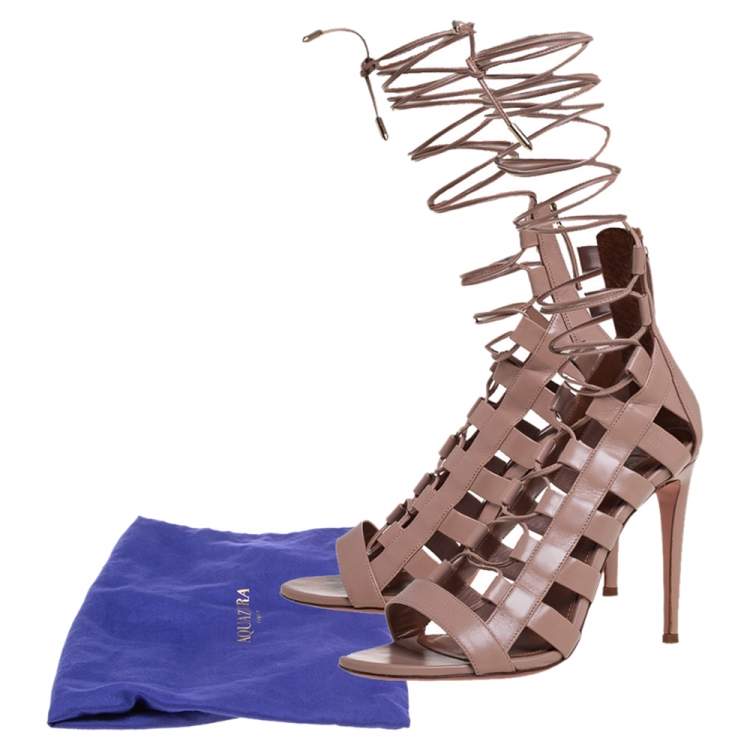 Pre Owned Aquazzura Beige Leather  Cut Out  Lace Up Sandals Size 40