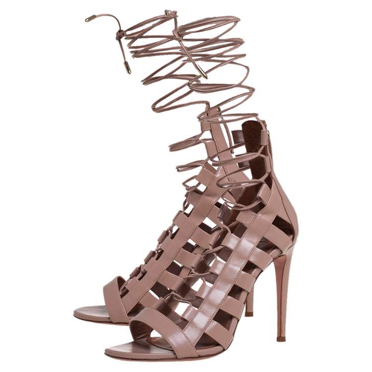 Pre Owned Aquazzura Beige Leather  Cut Out  Lace Up Sandals Size 40