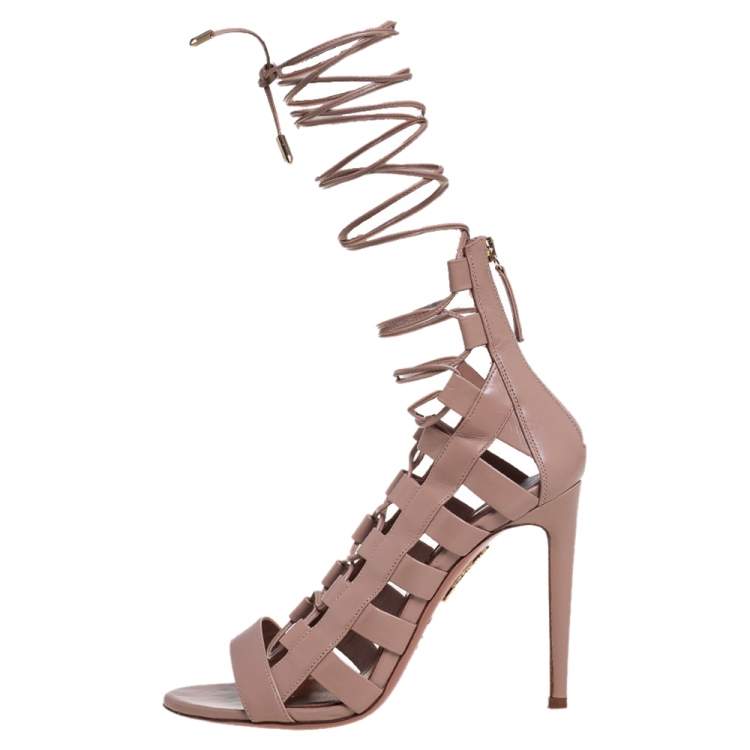 Pre Owned Aquazzura Beige Leather  Cut Out  Lace Up Sandals Size 40