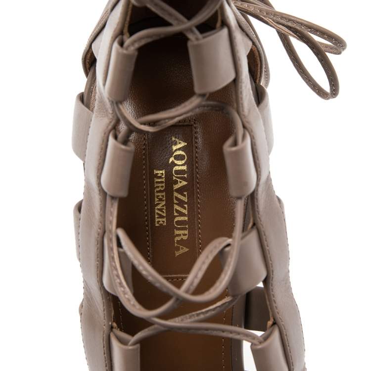 Pre Owned Aquazzura Beige Leather  Cut Out  Lace Up Sandals Size 40