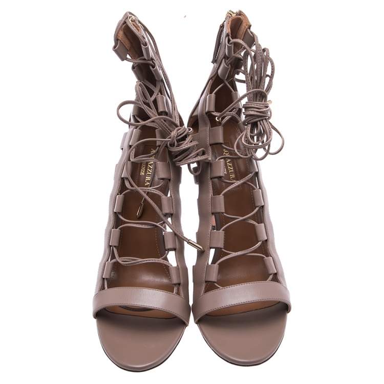 Pre Owned Aquazzura Beige Leather  Cut Out  Lace Up Sandals Size 40