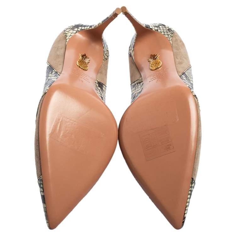Pre Owned Aquazzura Grey Suede And Python Embossed Leather Pointed Toe Pumps Size 38