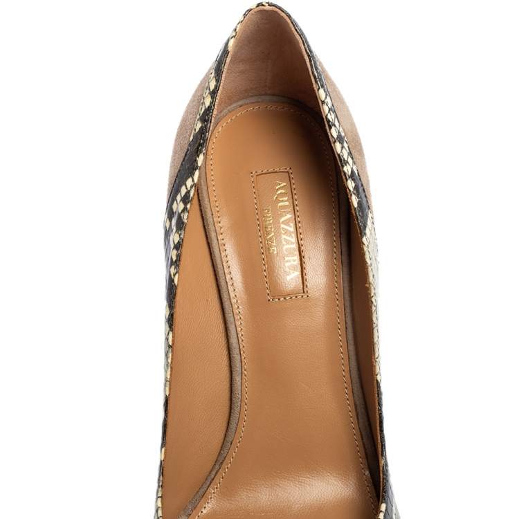 Pre Owned Aquazzura Grey Suede And Python Embossed Leather Pointed Toe Pumps Size 38
