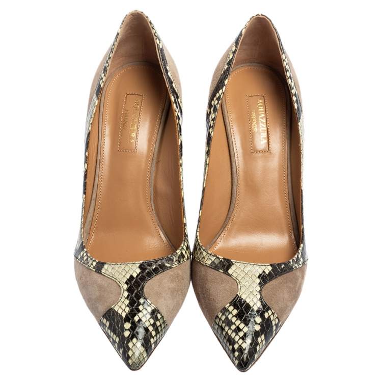 Pre Owned Aquazzura Grey Suede And Python Embossed Leather Pointed Toe Pumps Size 38