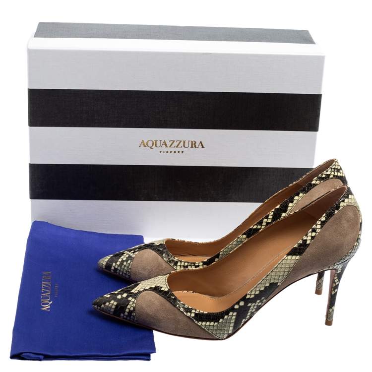 Pre Owned Aquazzura Grey Suede And Python Embossed Leather Pointed Toe Pumps Size 38