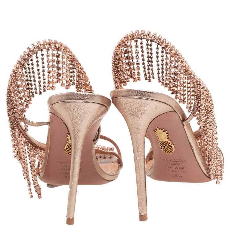 Pre Owned Aquazzura Metallic Gold Leather Crystal Sandals Size 38.5