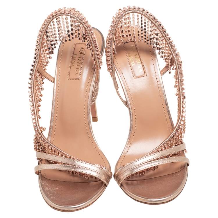 Pre Owned Aquazzura Metallic Gold Leather Crystal Sandals Size 38.5