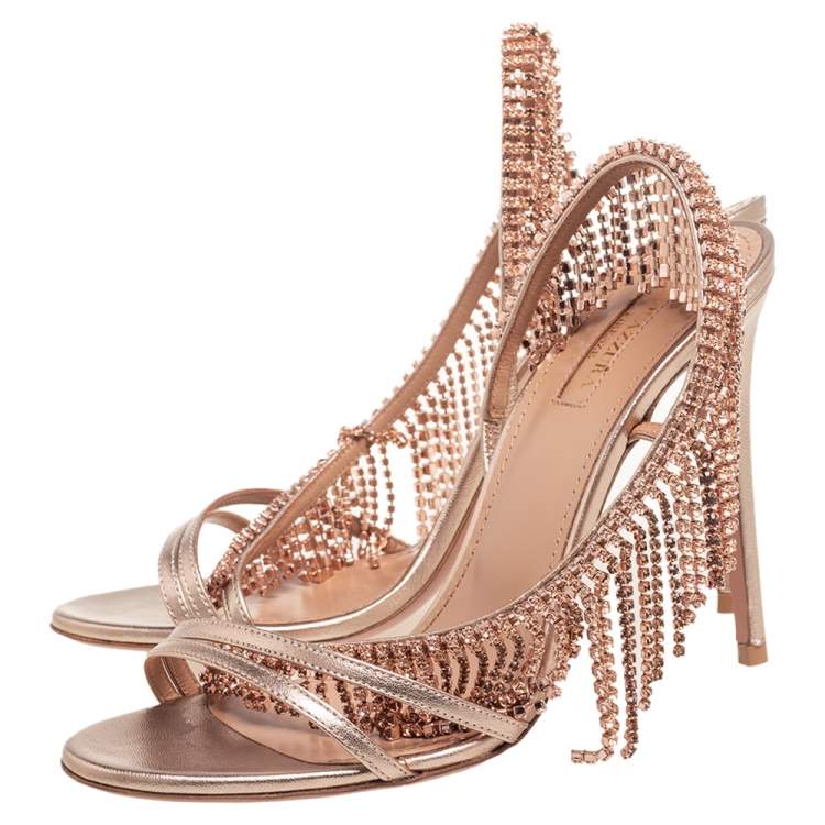 Pre Owned Aquazzura Metallic Gold Leather Crystal Sandals Size 38.5