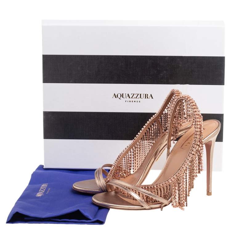 Pre Owned Aquazzura Metallic Gold Leather Crystal Sandals Size 38.5