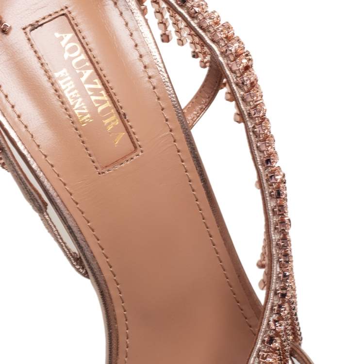 Pre Owned Aquazzura Metallic Gold Leather Crystal Sandals Size 38.5