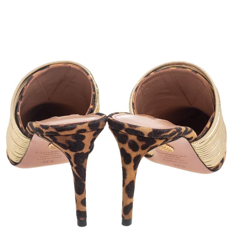 Pre Owned Aquazzura Black/Brown Tiger Print Suede And Leather Rendez  Vous Mules Size 36.5
