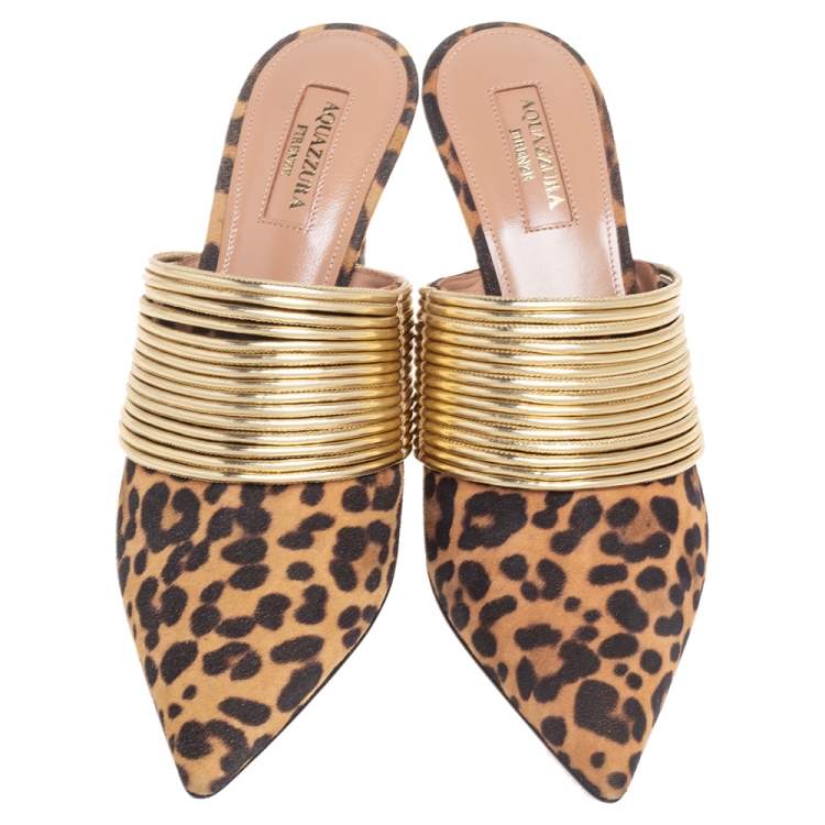 Pre Owned Aquazzura Black/Brown Tiger Print Suede And Leather Rendez  Vous Mules Size 36.5