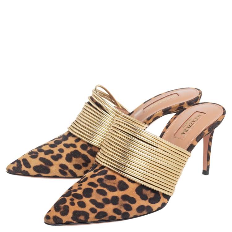 Pre Owned Aquazzura Black/Brown Tiger Print Suede And Leather Rendez  Vous Mules Size 36.5