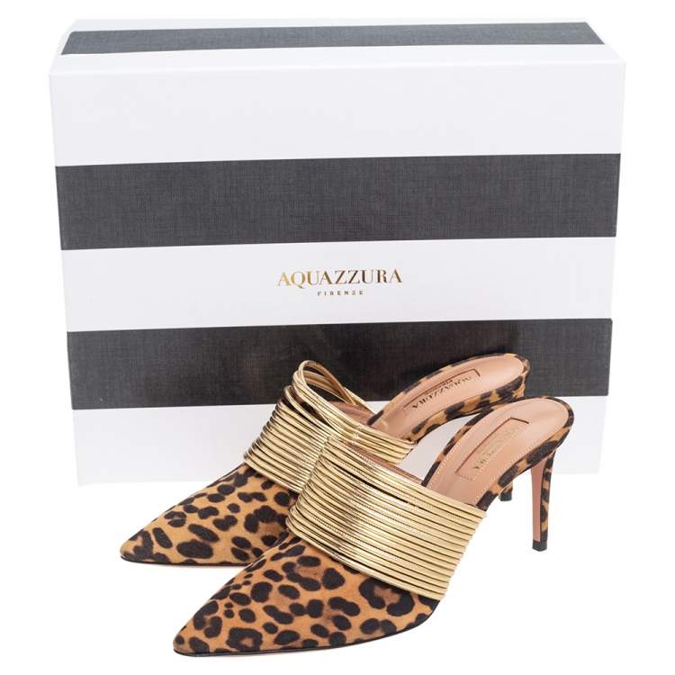 Pre Owned Aquazzura Black/Brown Tiger Print Suede And Leather Rendez  Vous Mules Size 36.5
