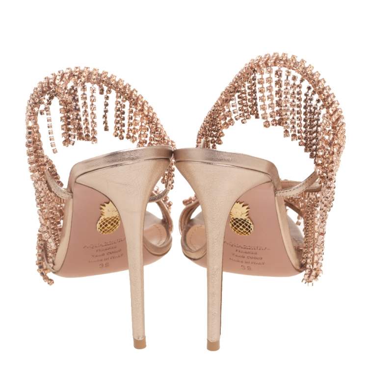 Pre Owned Aquazzura Metallic Gold Leather Crystal Embellished Chateau Slingback Sandals Size 39