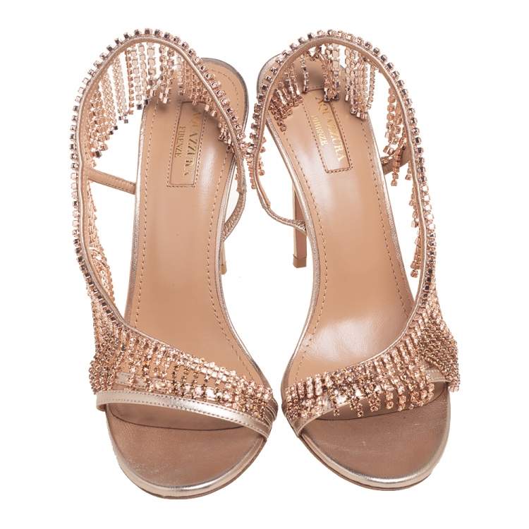 Pre Owned Aquazzura Metallic Gold Leather Crystal Embellished Chateau Slingback Sandals Size 39