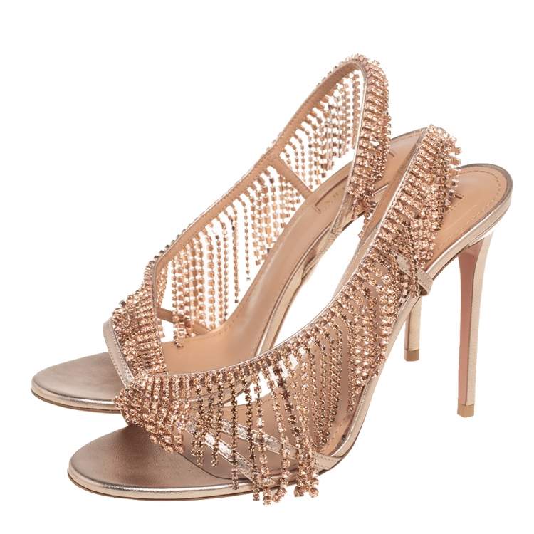 Pre Owned Aquazzura Metallic Gold Leather Crystal Embellished Chateau Slingback Sandals Size 39