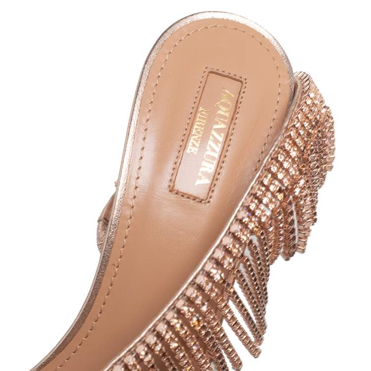 Pre Owned Aquazzura Metallic Gold Leather Crystal Embellished Chateau Slingback Sandals Size 39