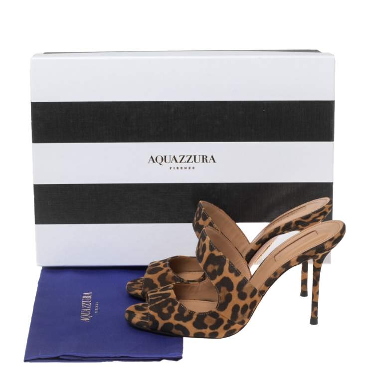 Pre Owned Aquazzura Brown/Black Leopard Print Suede Slide Sandals Size 36