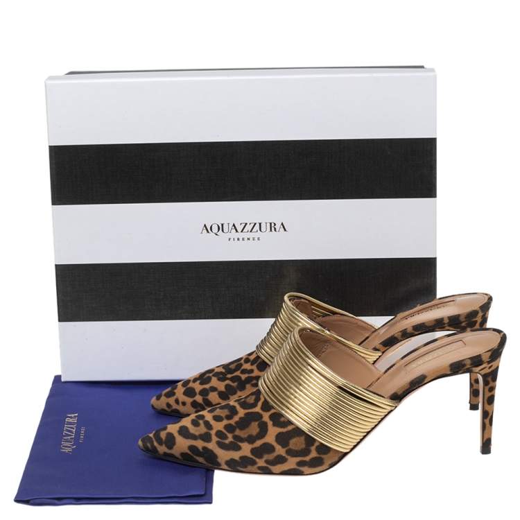 Pre Owned Aquazzura Brown Leopard Print Suede and Gold Faux Leather Rendez Vous Mule Sandals Size 41