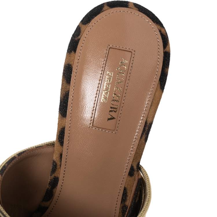 Pre Owned Aquazzura Brown Leopard Print Suede and Gold Faux Leather Rendez Vous Mule Sandals Size 41