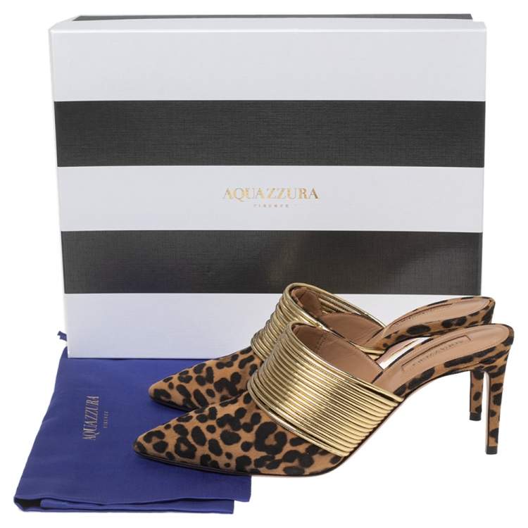 Pre Owned Aquazzura Brown Leopard Print Suede and Gold Faux Leather Rendez Vous Mule Sandals Size 37