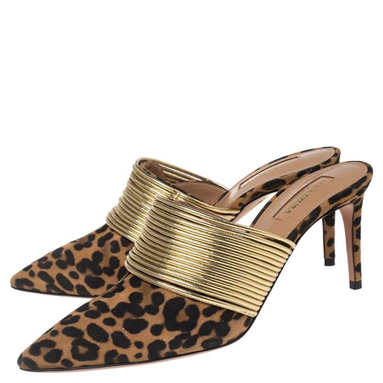 Pre Owned Aquazzura Brown Leopard Print Suede and Gold Faux Leather Rendez Vous Mule Sandals Size 37