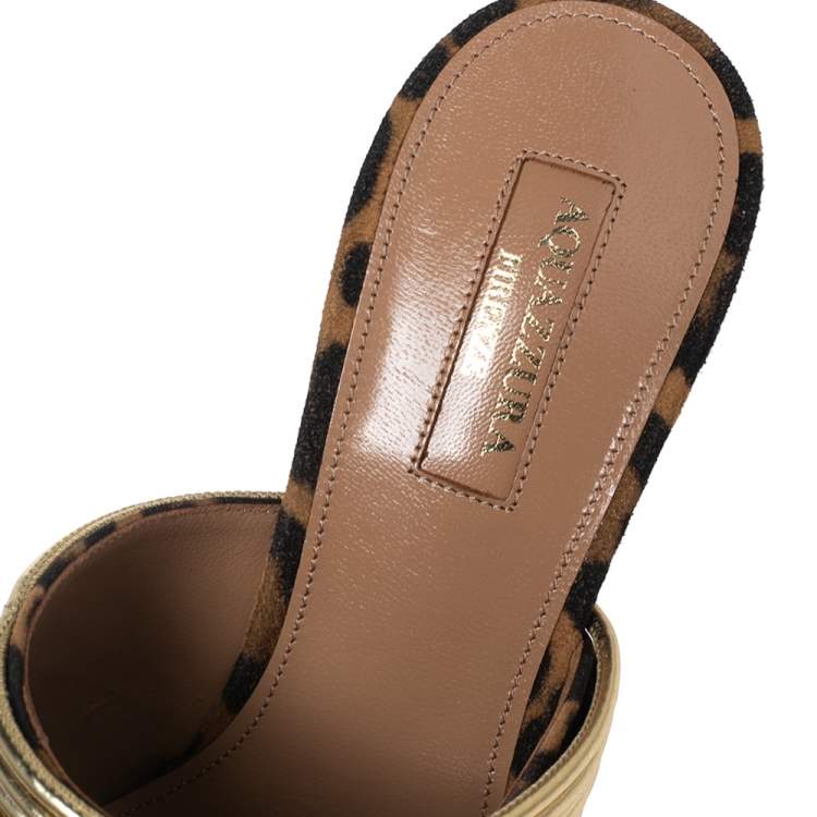 Pre Owned Aquazzura Brown Leopard Print Suede and Gold Faux Leather Rendez Vous Mule Sandals Size 37