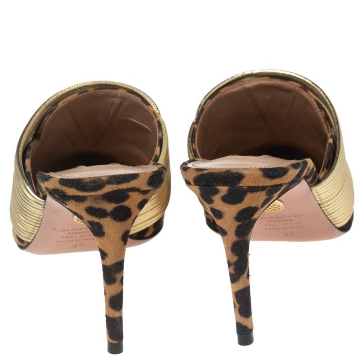 Pre Owned Aquazzura Brown Leopard Print Suede and Gold Faux Leather Rendez Vous Mule Sandals Size 37
