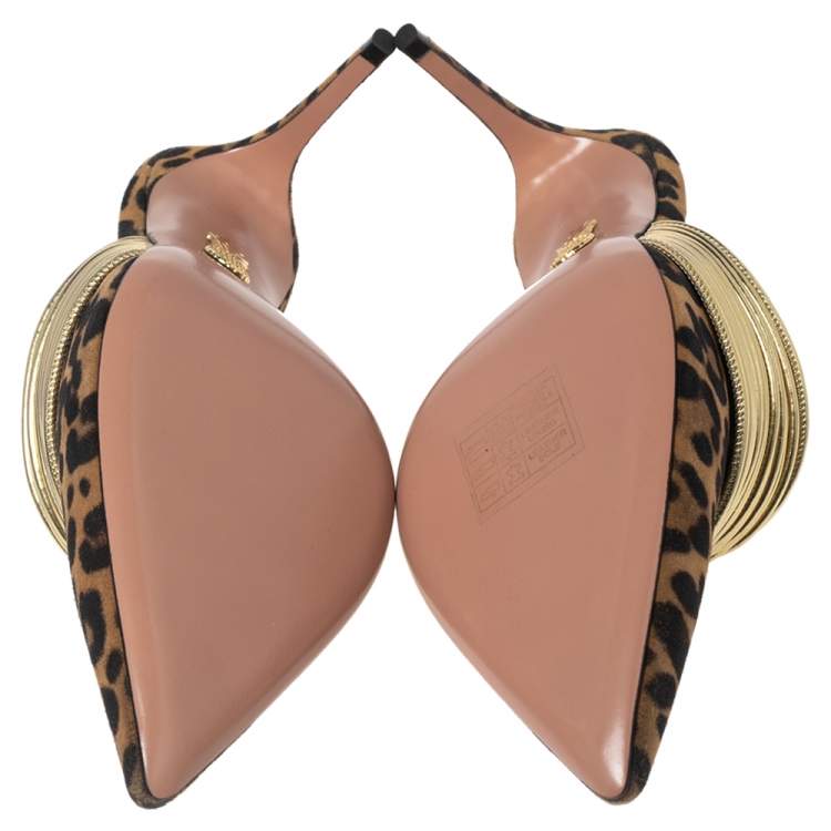 Pre Owned Aquazzura Brown Leopard Print Suede and Gold Faux Leather Rendez Vous Mule Sandals Size 37