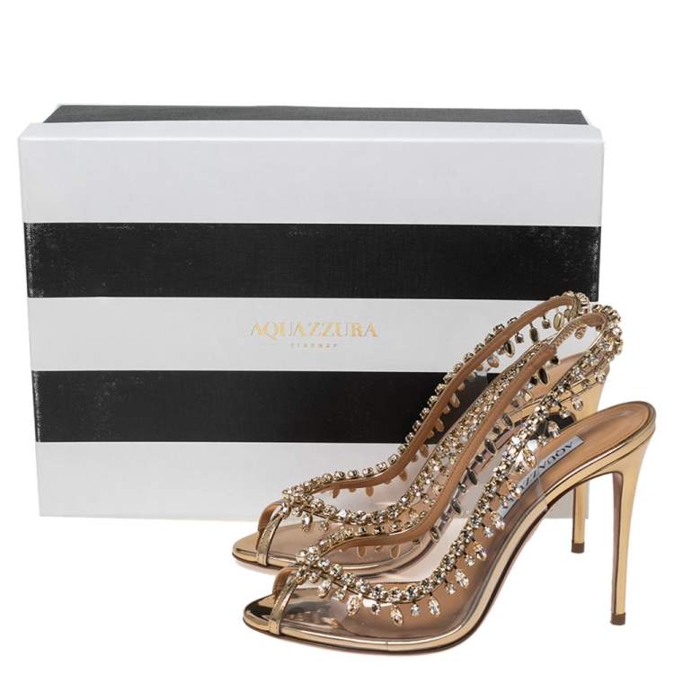 Pre Owned Aquazzura Gold Leather and PVC Temptation Slingback Sandals Size 37