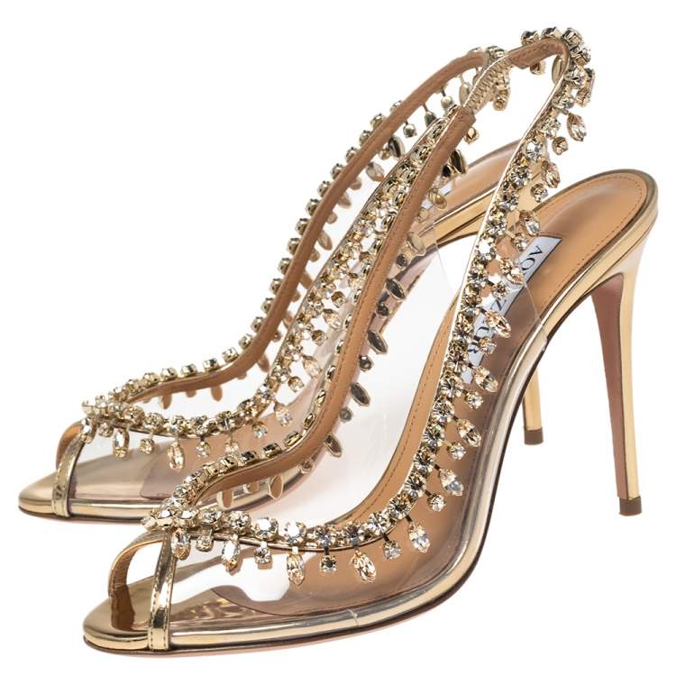 Pre Owned Aquazzura Gold Leather and PVC Temptation Slingback Sandals Size 37