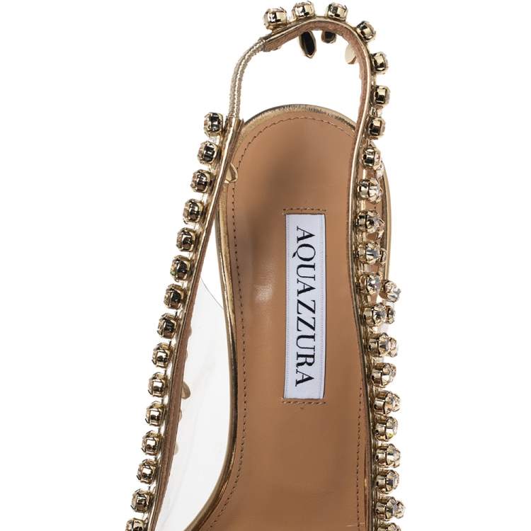 Pre Owned Aquazzura Gold Leather and PVC Temptation Slingback Sandals Size 37