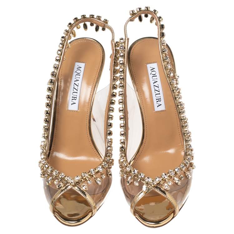 Pre Owned Aquazzura Gold Leather and PVC Temptation Slingback Sandals Size 37