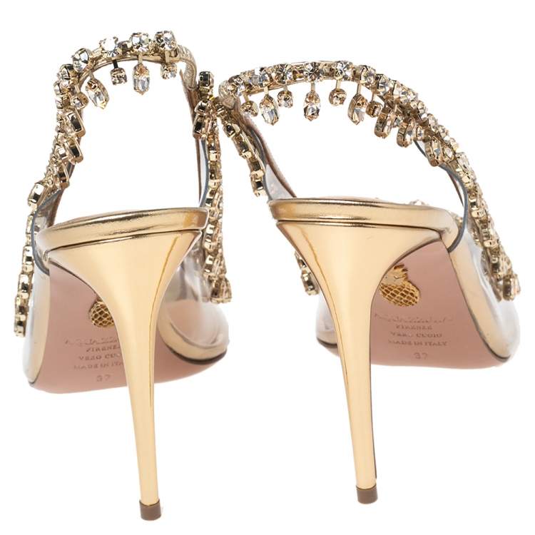 Pre Owned Aquazzura Gold Leather and PVC Temptation Slingback Sandals Size 37