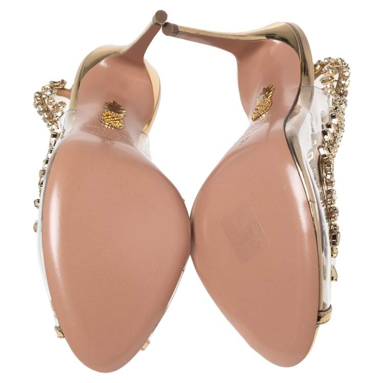 Pre Owned Aquazzura Gold Leather and PVC Temptation Slingback Sandals Size 37