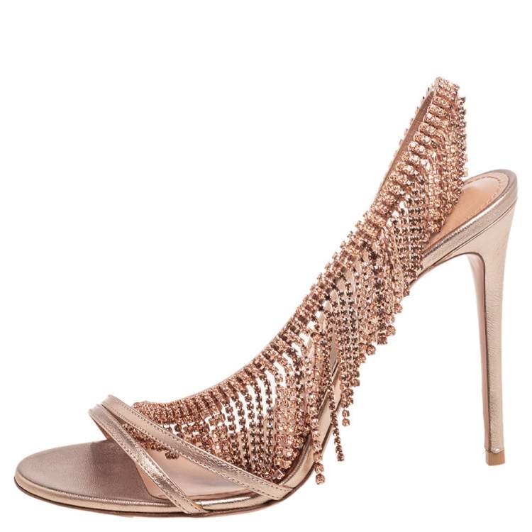 Pre Owned Aquazzura Mettalic Gold Leather Wild Fringe Crystal Sandals Size 39