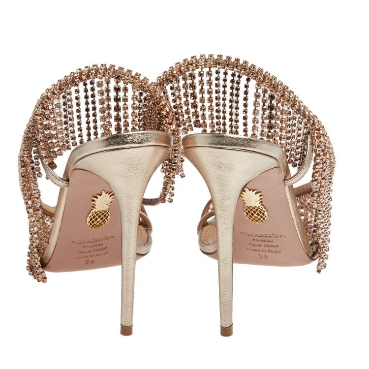 Pre Owned Aquazzura Mettalic Gold Leather Wild Fringe Crystal Sandals Size 39