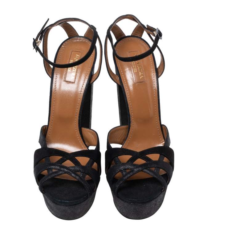 Pre Owned Aquazzura Black Suede Platform Ankle Strap Sandals Size 41