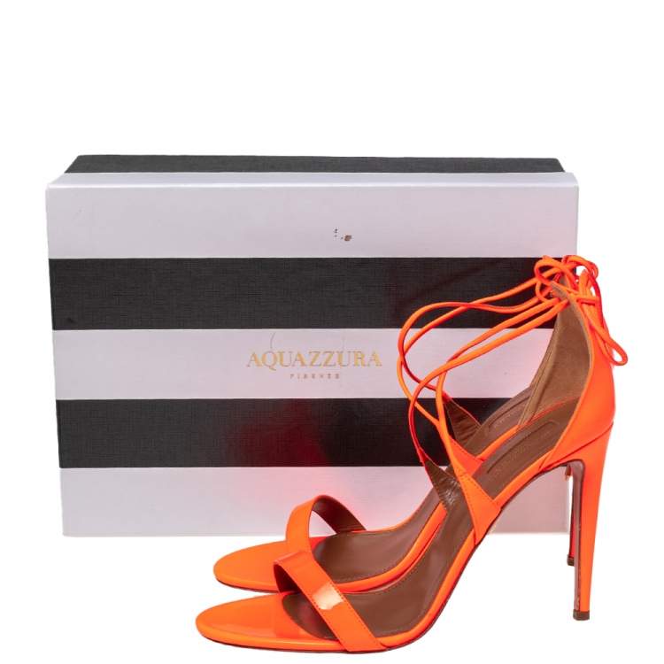 Pre Owned Aquazzura Orange Patent Leather Ankle Wrap Sandals Size 41