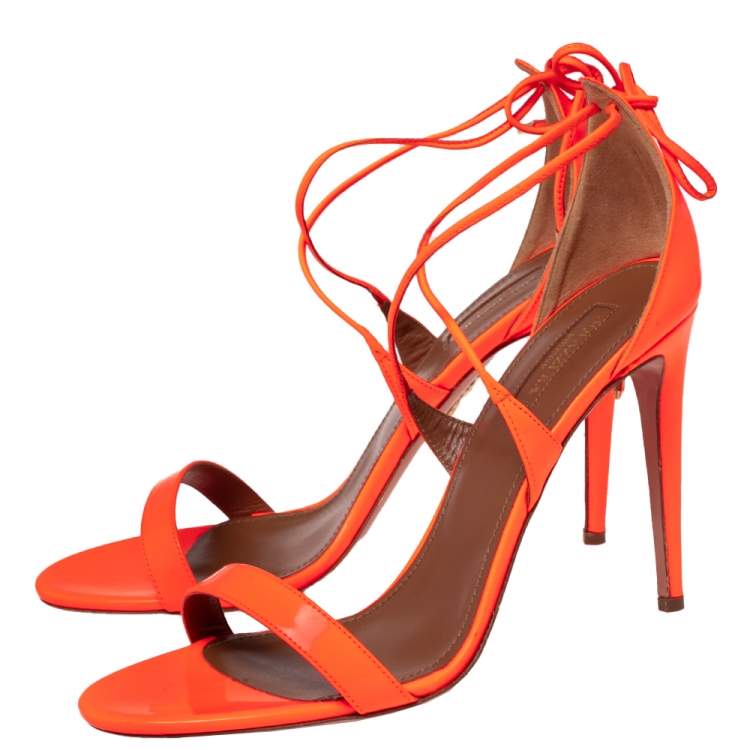 Pre Owned Aquazzura Orange Patent Leather Ankle Wrap Sandals Size 41