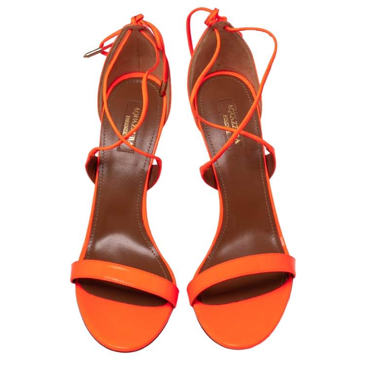 Pre Owned Aquazzura Orange Patent Leather Ankle Wrap Sandals Size 41