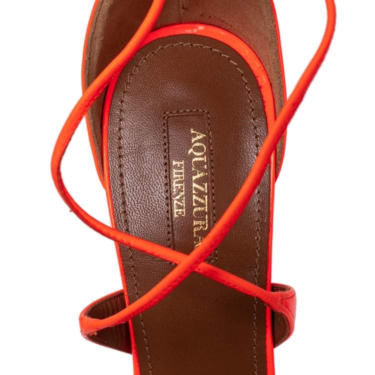 Pre Owned Aquazzura Orange Patent Leather Ankle Wrap Sandals Size 41
