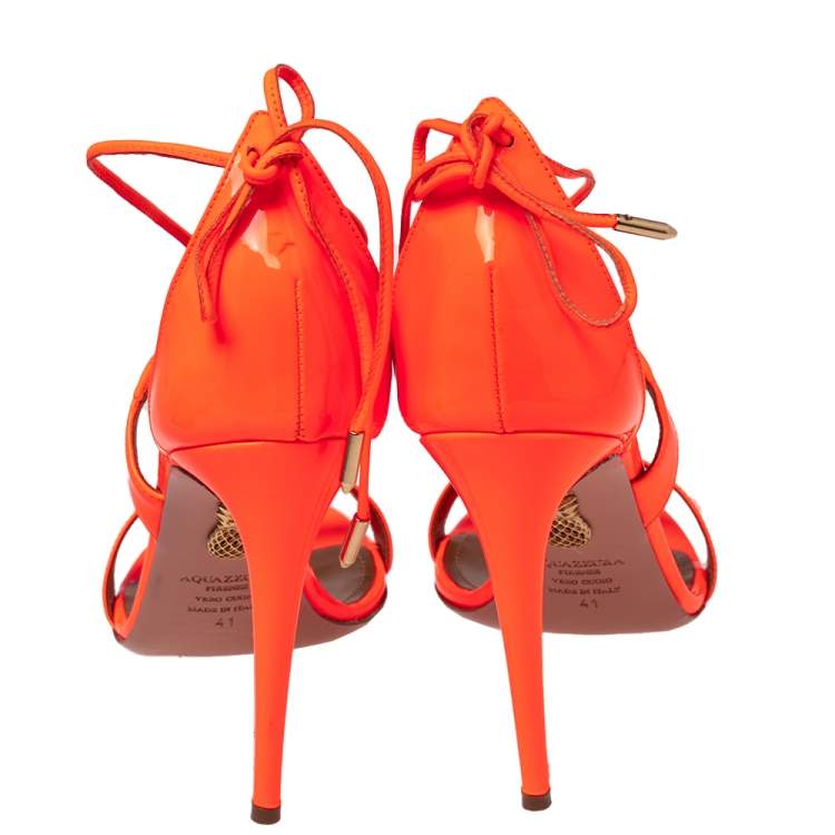 Pre Owned Aquazzura Orange Patent Leather Ankle Wrap Sandals Size 41