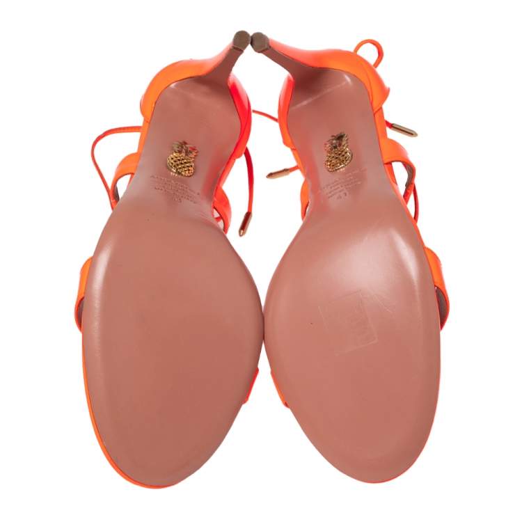 Pre Owned Aquazzura Orange Patent Leather Ankle Wrap Sandals Size 41