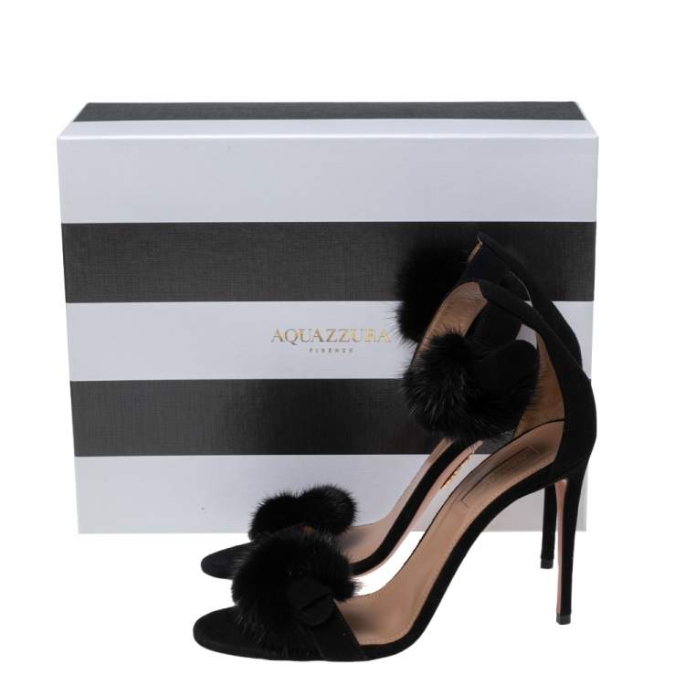 Pre Owned Aquazzura Black Suede And Fur Sinatra Sandals Size 38.5