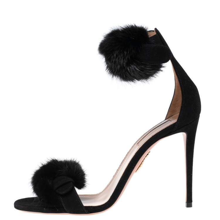 Pre Owned Aquazzura Black Suede And Fur Sinatra Sandals Size 38.5