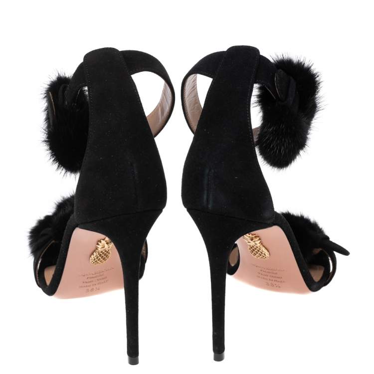Pre Owned Aquazzura Black Suede And Fur Sinatra Sandals Size 38.5