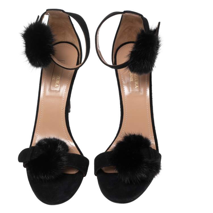 Pre Owned Aquazzura Black Suede And Fur Sinatra Sandals Size 38.5